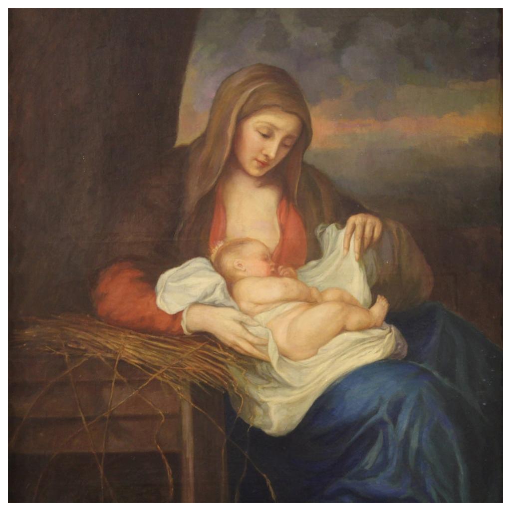 Italian painting from the early 20th century. Mixed-media framework on canvas, first canvas, depicting a subject of sacred art Virgin with child of good pictorial quality. Frame in wood and plaster richly carved and gilded (bronze tint) of beautiful