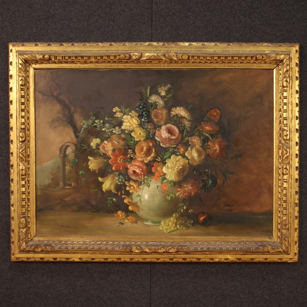 Italian painting from the mid-20th century. Mixed-media framework on canvas depicting still life, vase with flowers with landscape in the background of good pictorial quality. Beautifully decorated carved and gilded wooden frame (see photo).