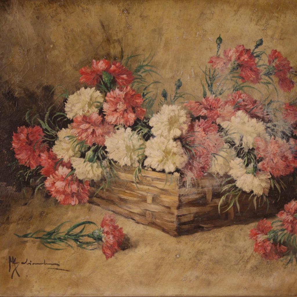 Great Italian painting from the mid-20th century. Mixed media work on canvas depicting a basket with carnations of good pictorial quality. Beautifully decorated carved, gilded and lacquered wooden frame with some small signs of aging. Large-scale