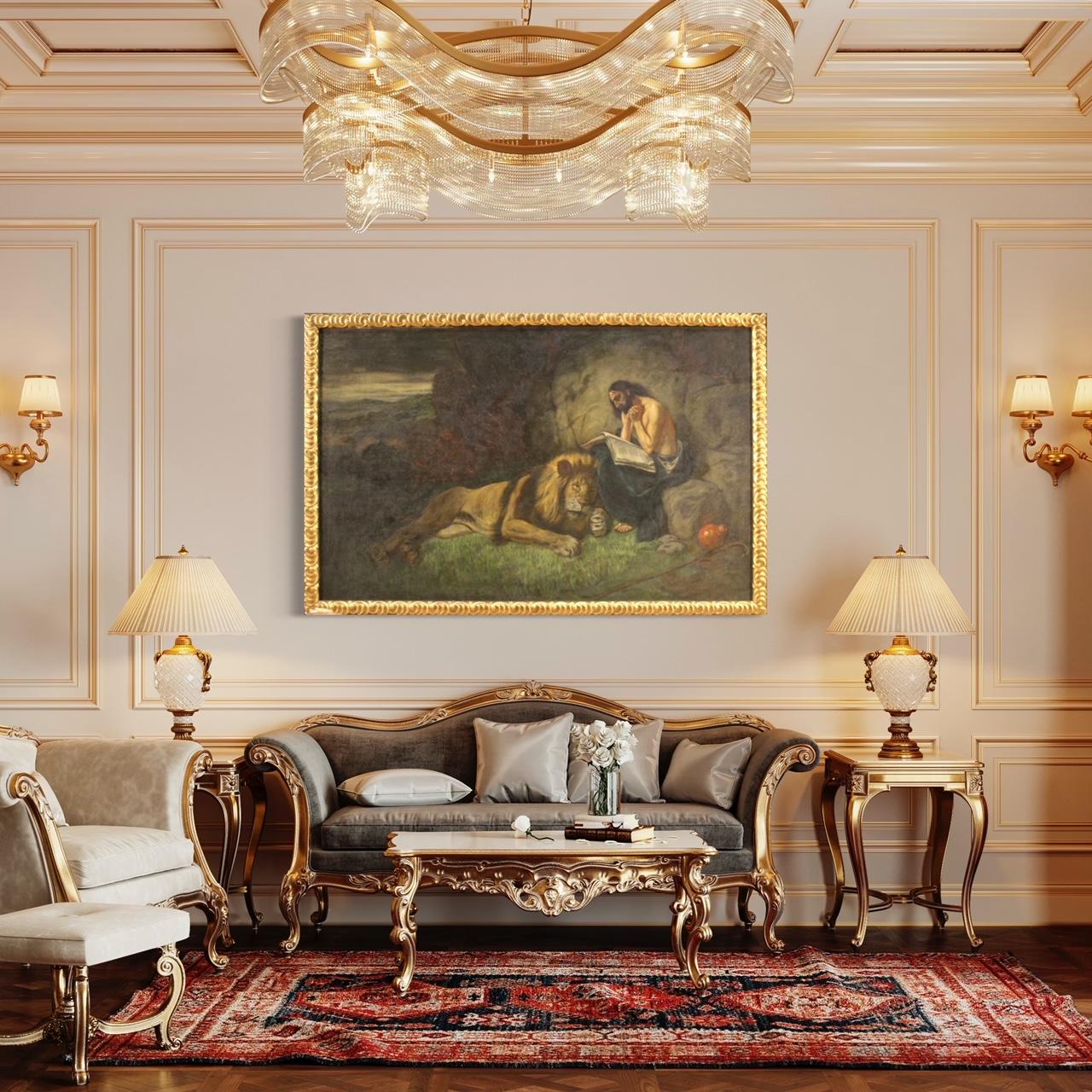 italien 20e siècle Mixed Media sur toile Peinture religieuse Saint Jérôme au lion en vente