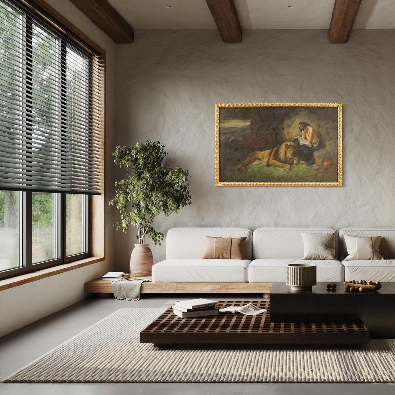 Milieu du XXe siècle 20e siècle Mixed Media sur toile Peinture religieuse Saint Jérôme au lion en vente