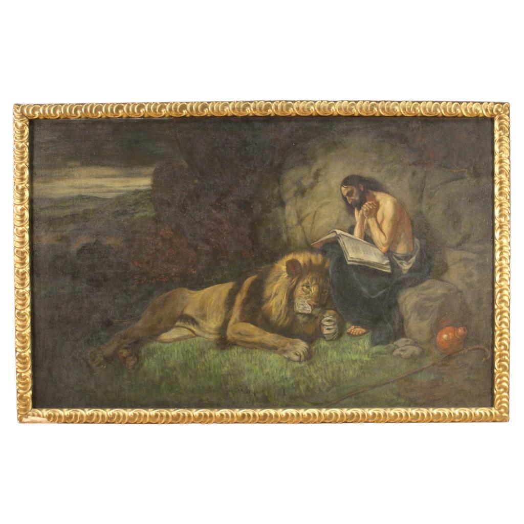20. Jahrhundert Gemischte Medien auf Leinwand Religiöse Malerei Saint Jerome mit Löwe