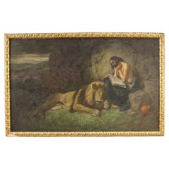 20th Century Mixed Media on Canvas Religious Painting Saint Jerome with lion 20th Century Mixed Media on Canvas Religious Painting Saint Jerome with lion