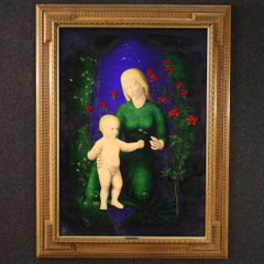 20th Century Mixed-Media on Masonite French Religious Painting Virgin with Child