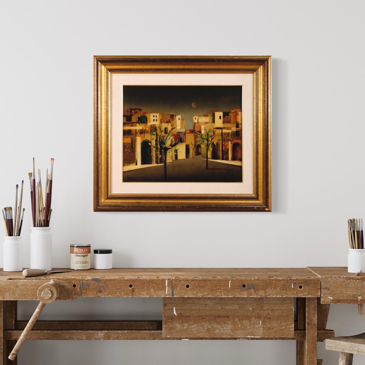 20th Century Mixed Media on Masonite Italian Signed Painting City District, 1980 For Sale 10