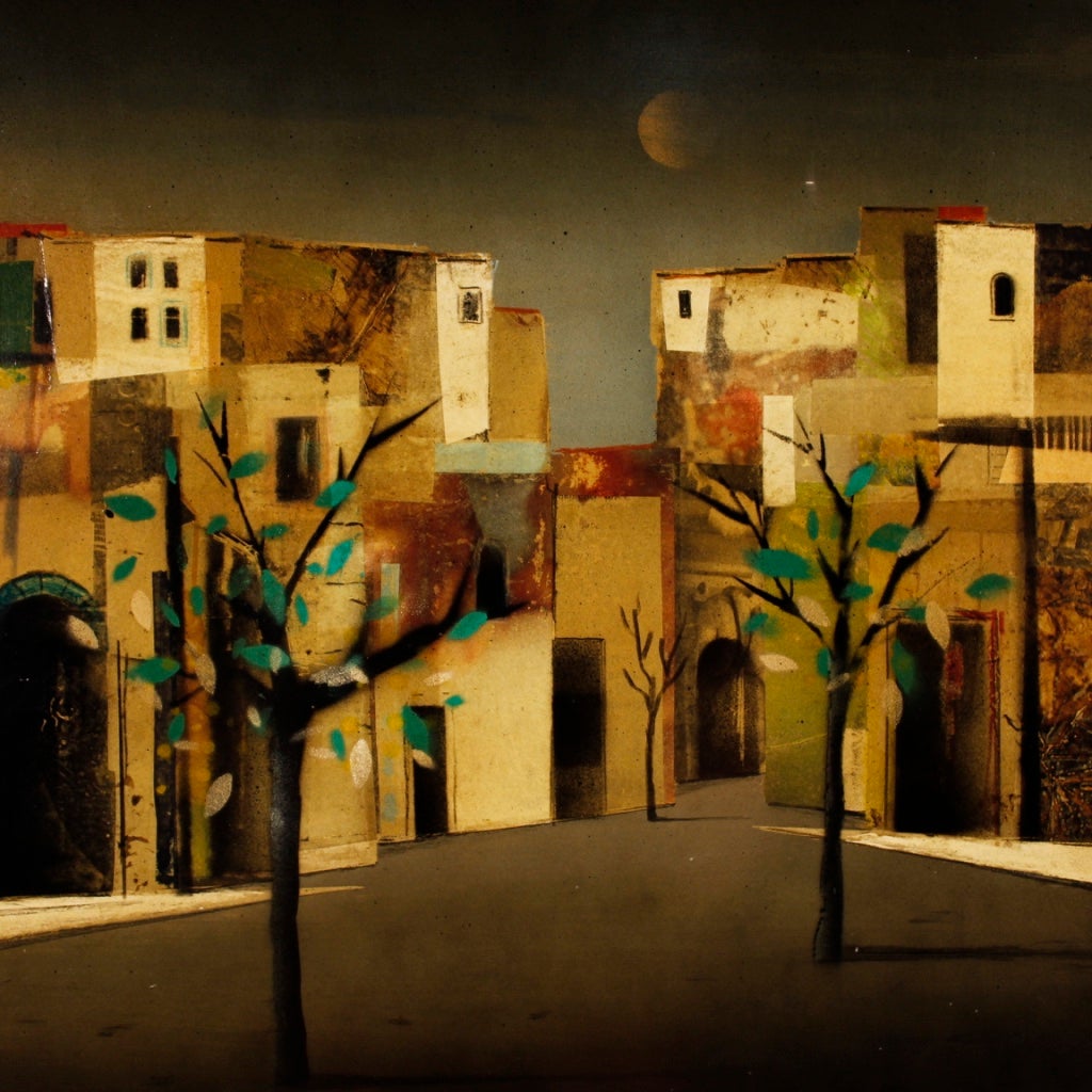 Techniques mixtes du 20ème siècle sur peinture de maçonite - Peinture italienne signée City District, 1980