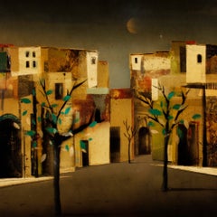 20th Century Mixed Media on Masonite Italian Signed Painting City District, 1980