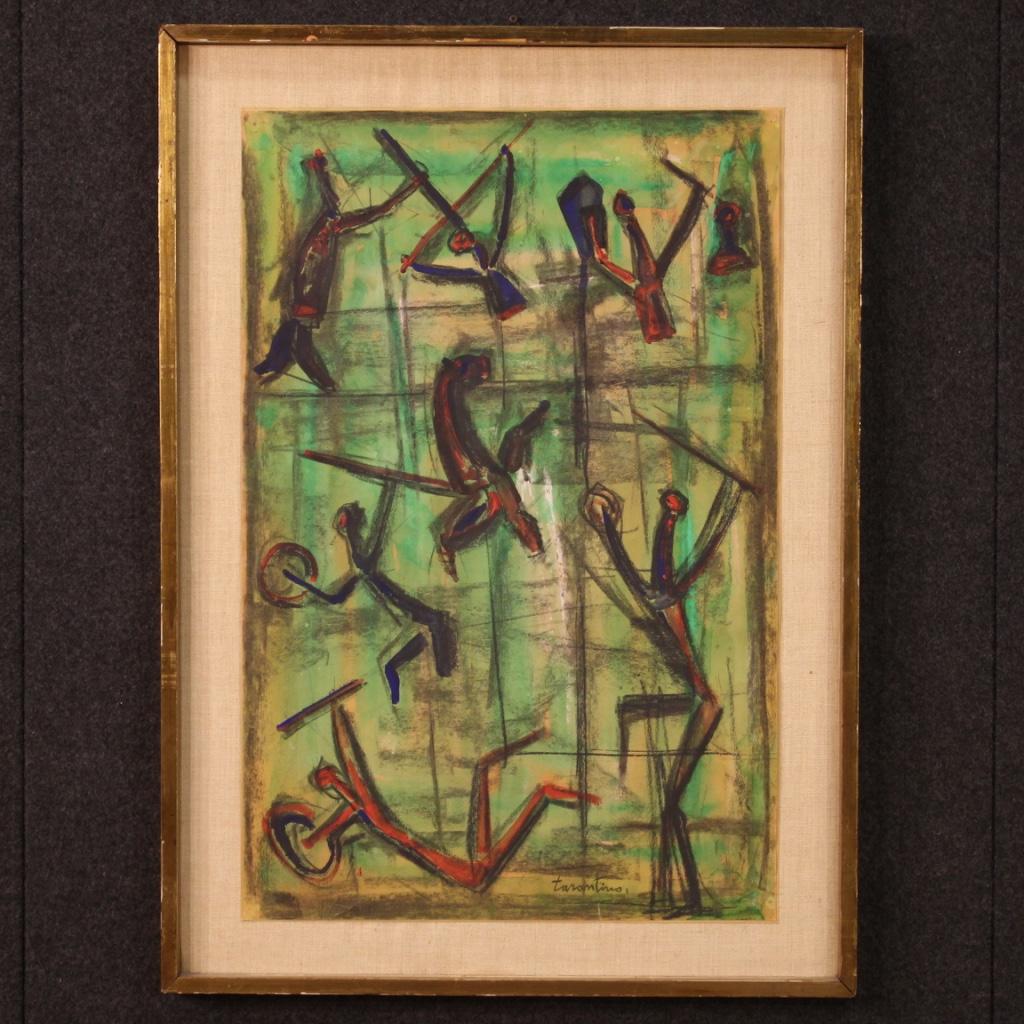 Italian drawing from the second half of the 20th century. Framework mixed media on paper depicting an abstract subject without title. Signed Tarantino lower right (see picture) referable to the artist Giuseppe Tarantino (1916-1999) lacking