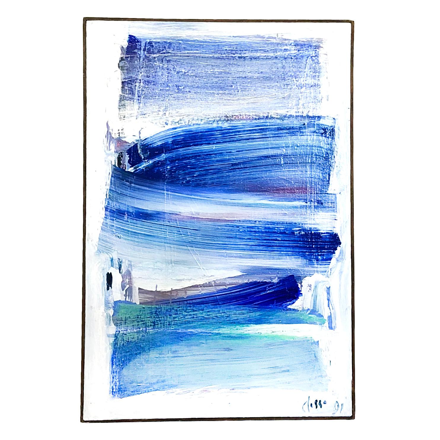 Un tableau abstrait moderne français bleu clair, blanc, livres empilés, huile sur bois de Daniel Clesse, peint en France, signé et daté en 1991.

Daniel Clesse est un peintre français né en 1932 à Paris, France et décédé en 2016. Lui et son épouse