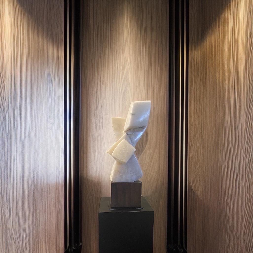 20th Century Modern Art Carrera Marble and Walnut Sculpture  3