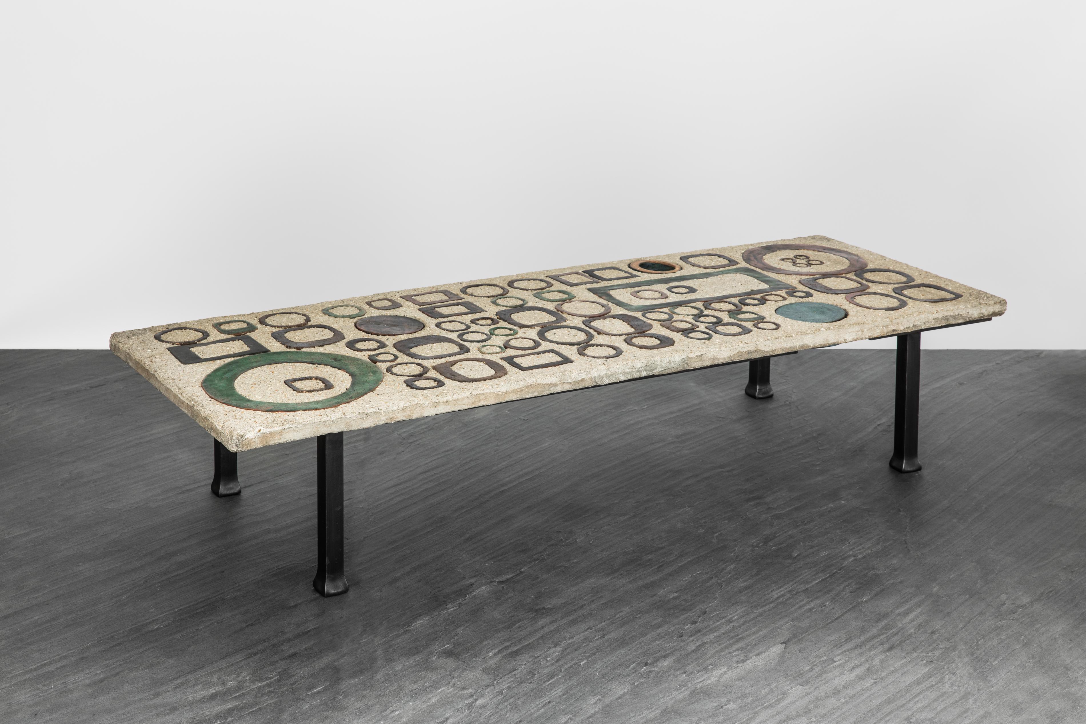 Hand-Carved 20th Century Modern Concrete and Ceramic Coffee Table by Andrée & Michel Hirlet For Sale