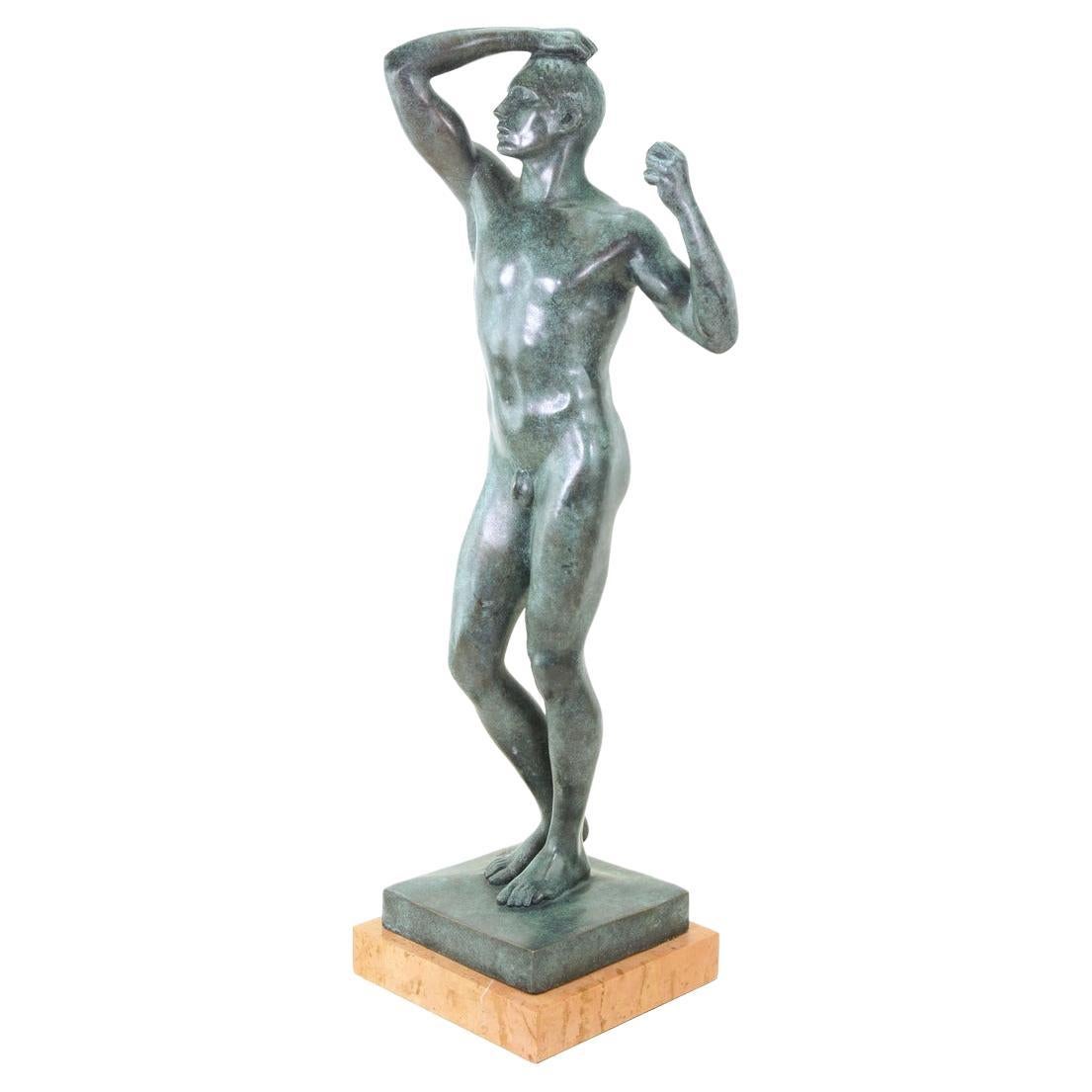 20th Century Modern Green Patinated Bronze Nude Sculpture