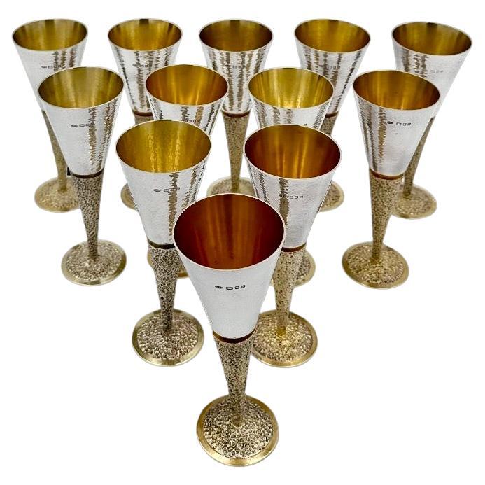 20th Century Modern Suite Twelve Sterling Silver Champagne Flutes London 1968  For Sale