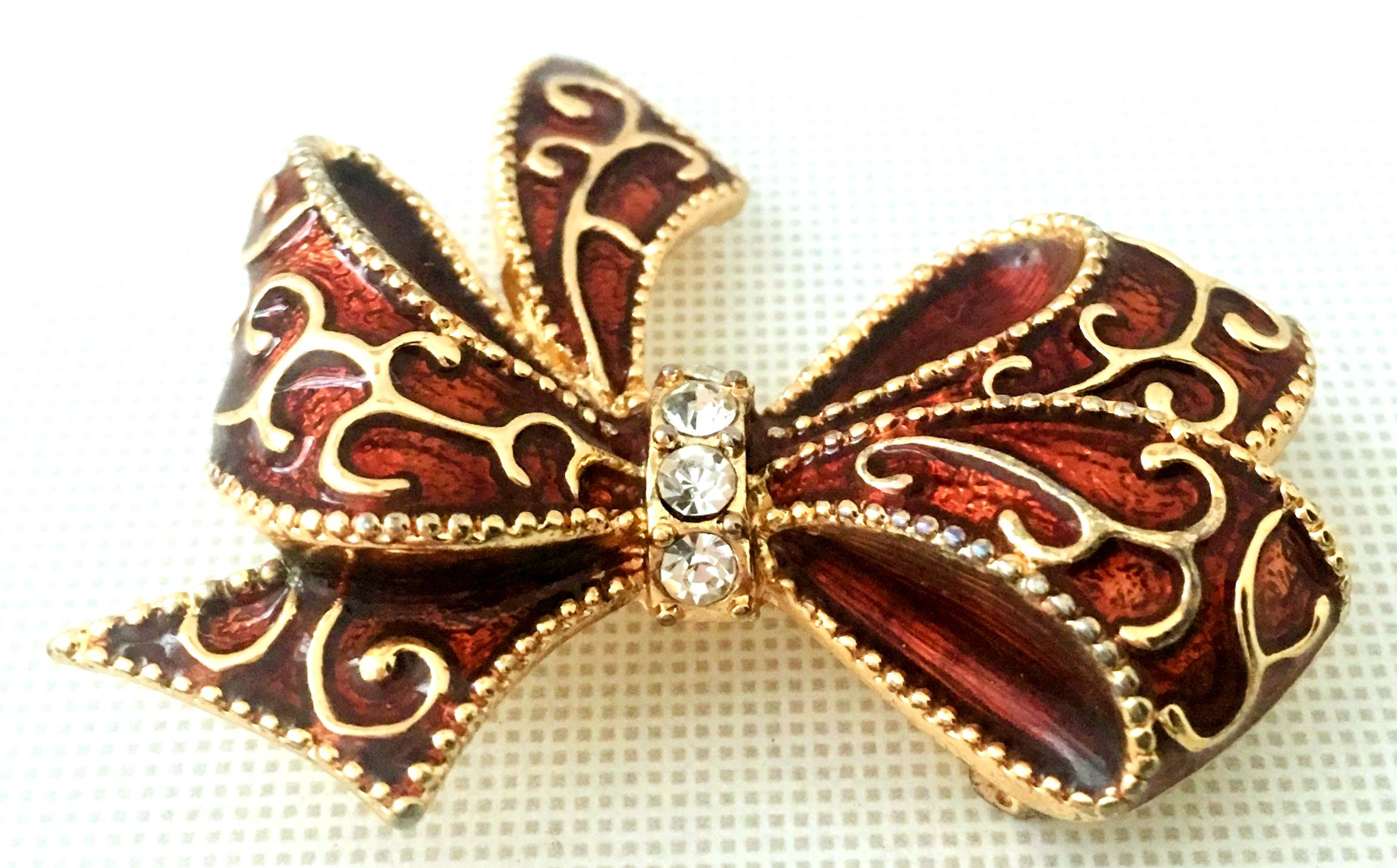 20th Century Monet Gold Enamel & Crystal Dimensional Holiday Bow Brooch  In Good Condition For Sale In West Palm Beach, FL