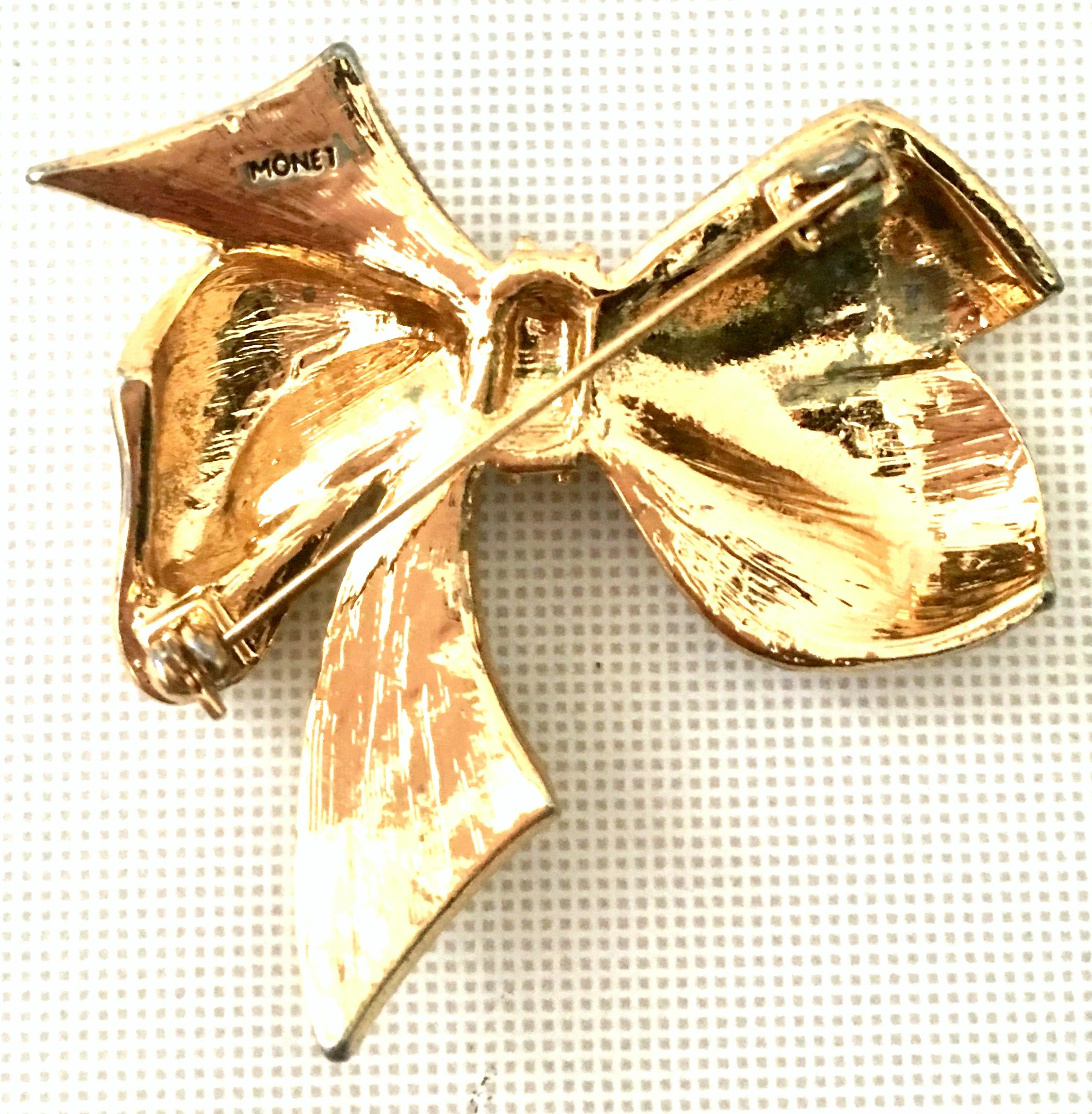Women's or Men's  20th Century Monet Gold Enamel & Crystal Dimensional Holiday Bow Brooch  For Sale