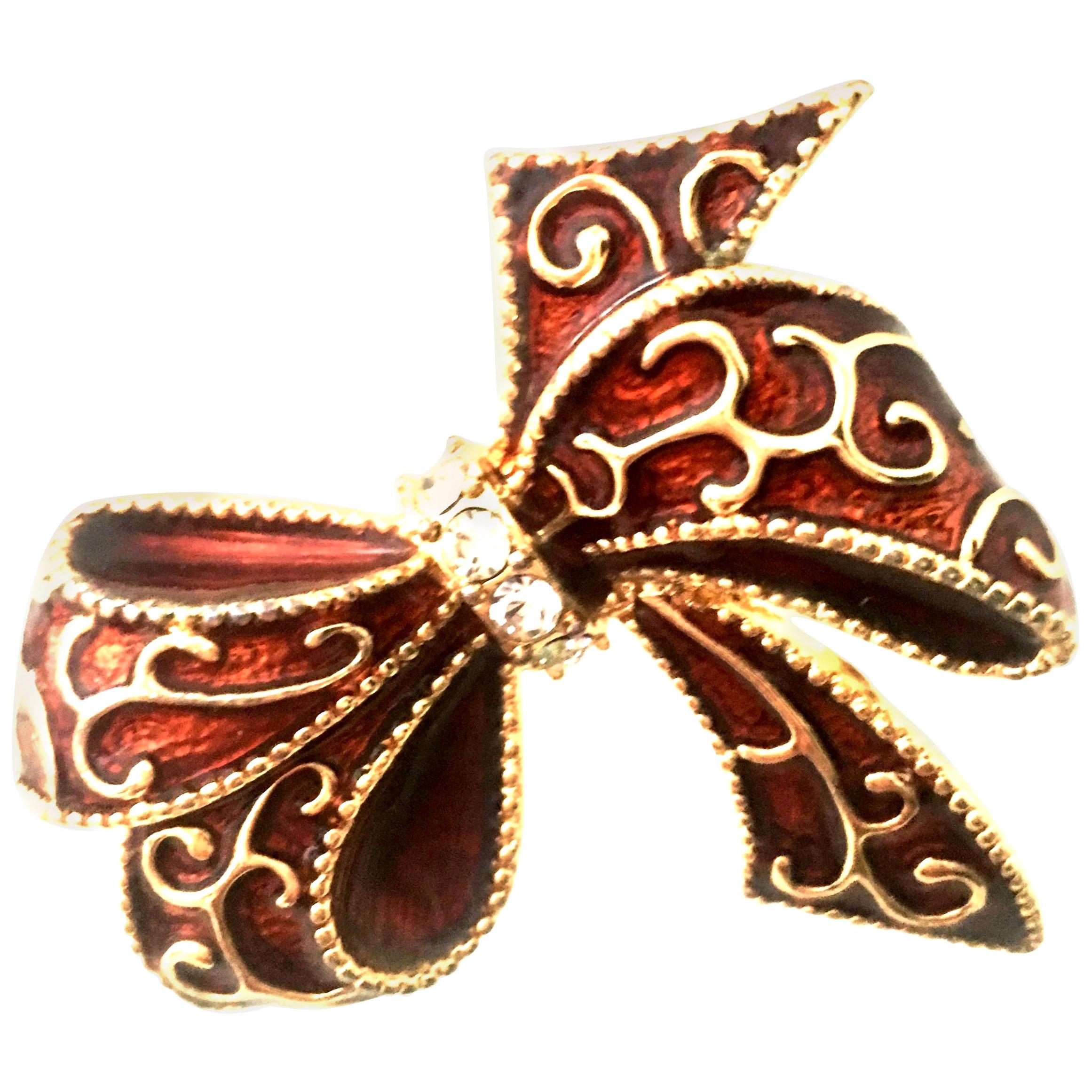  20th Century Monet Gold Enamel & Crystal Dimensional Holiday Bow Brooch  For Sale