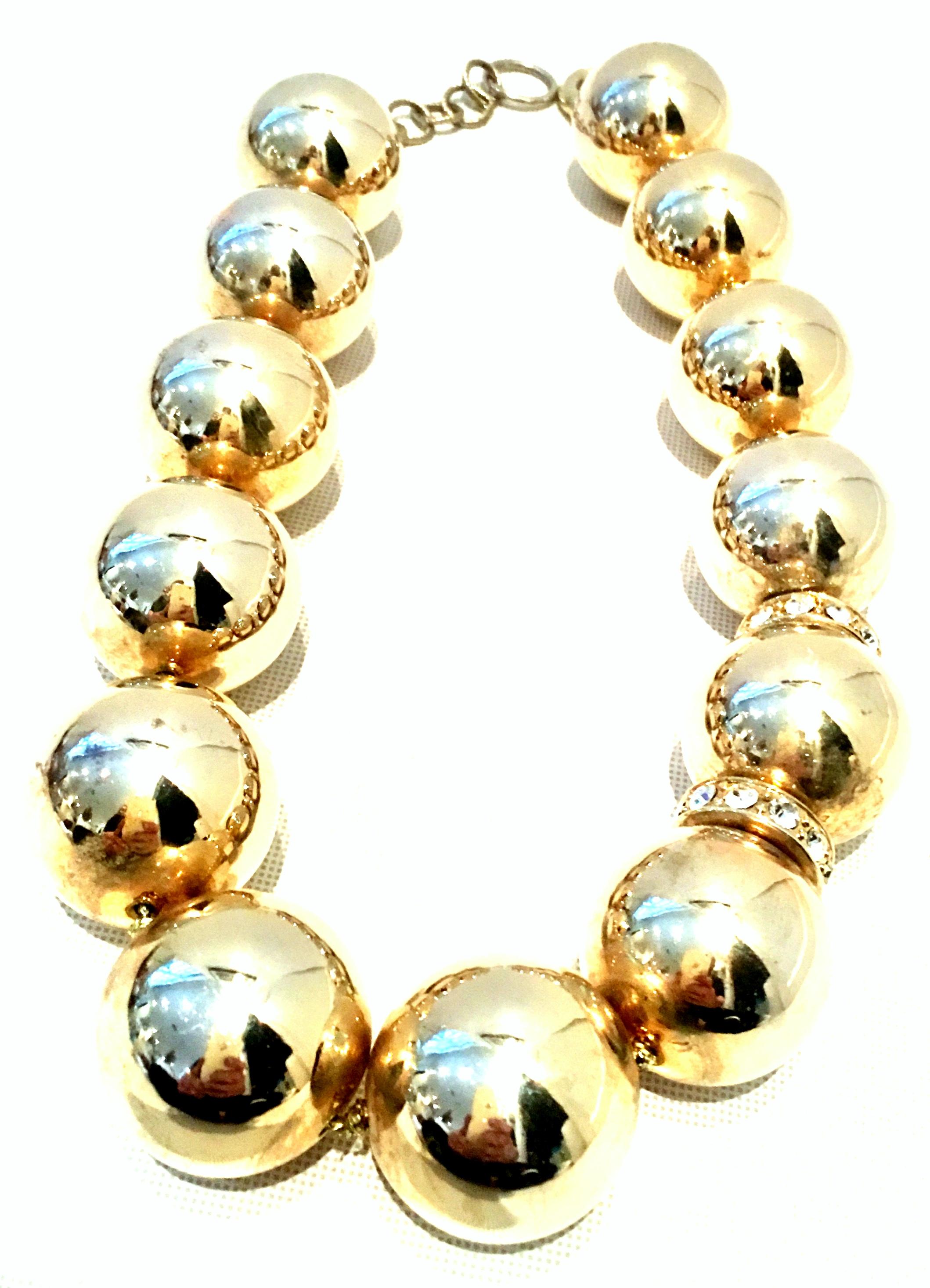 Modernist 20th Century Monumental Gold Plate Bead & Austrian Crystal Necklace By, L Angel For Sale
