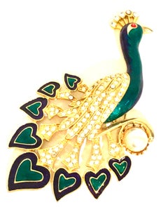 20th Century Monumental Gold Plate, Enamel & Crystal  “Peacock” Brooch