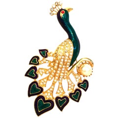 20th Century Monumental Gold Plate, Enamel & Crystal  “Peacock” Brooch