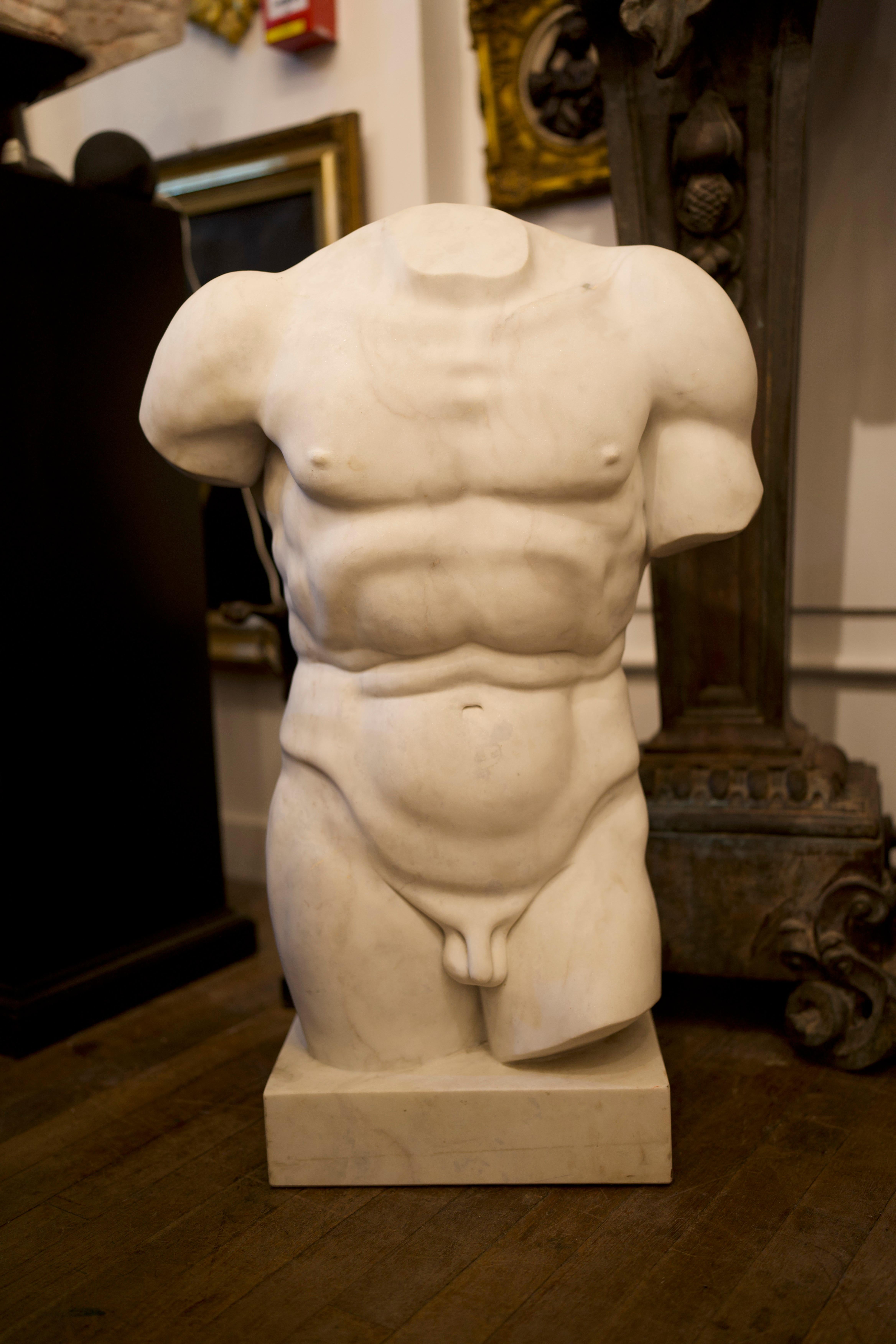 20th Century Monumental Grand Tour Marble Torso Statue nude carving.
Amazing Italian solid marble life-size torso standing with Classic Grand Tour look and design. The torso itself is a lesson in classical carving, look at how the musceltone has