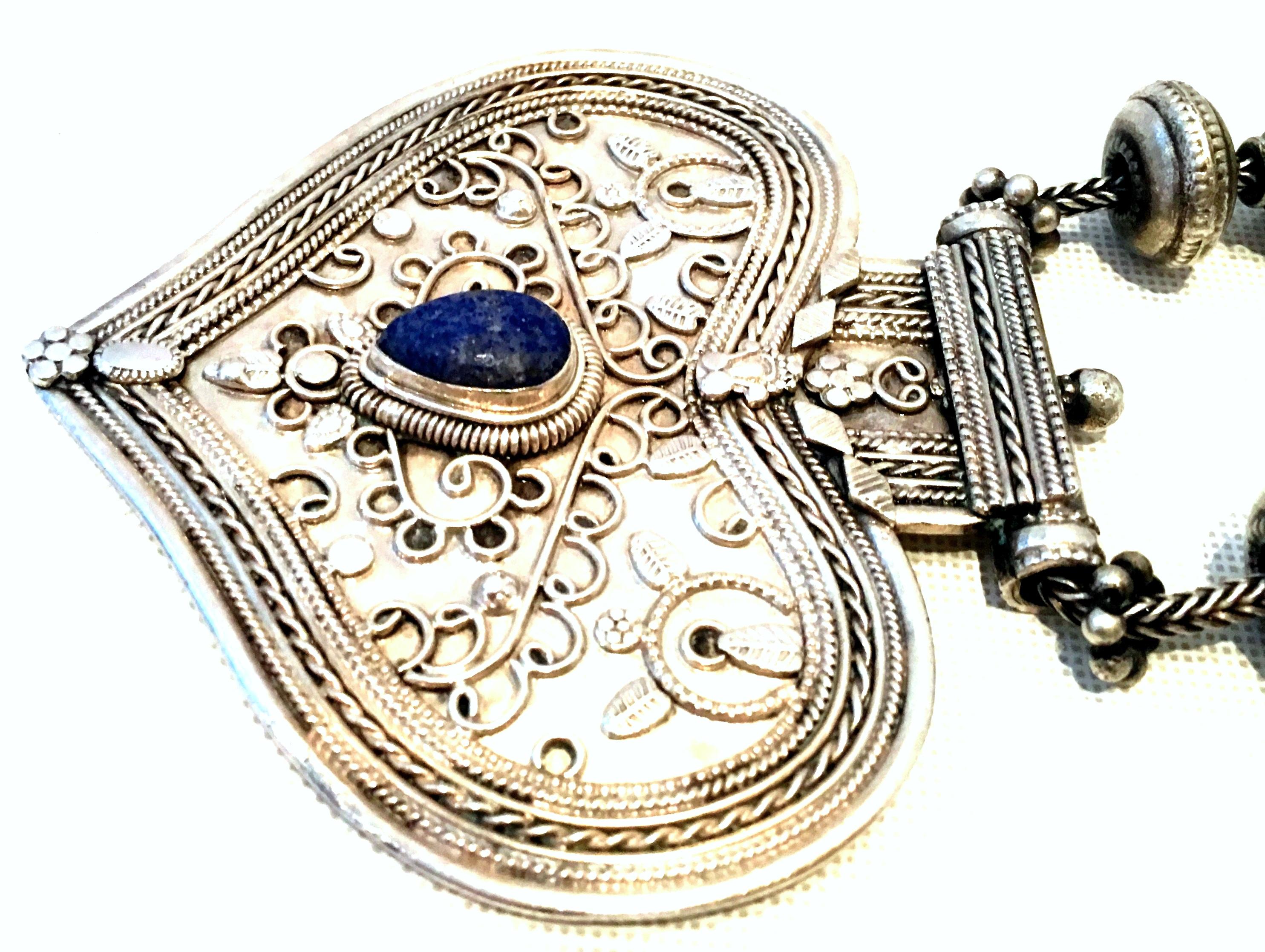 Women's or Men's 20th Century Monumental Rajasthan Silver & Lapis Lazuli Heart Pendant Necklace For Sale