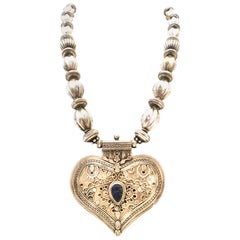 20th Century Monumental Rajasthan Silver & Lapis Lazuli Heart Pendant Necklace