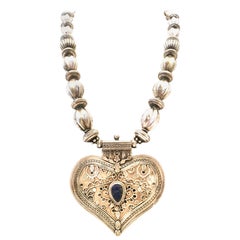 20th Century Monumental Rajasthan Silver & Lapis Lazuli Heart Pendant Necklace