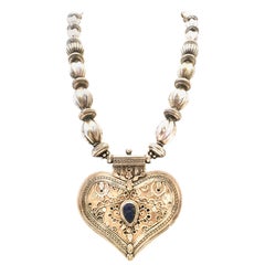  20th Century Monumental Rajasthan Silver & Lapis Lazuli Heart Pendant Necklace