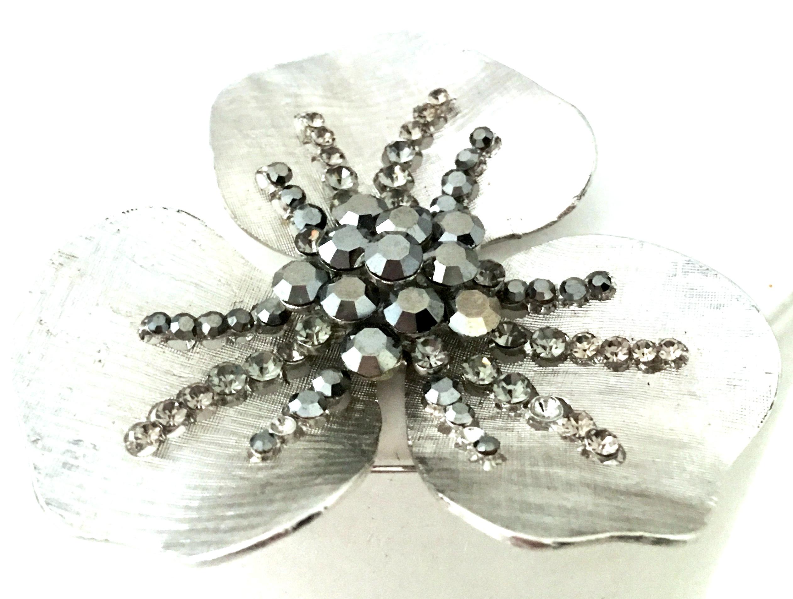 Women's or Men's 20th Century Monumental Silver & Austrian Crystal Dimensional Flower Brooch For Sale