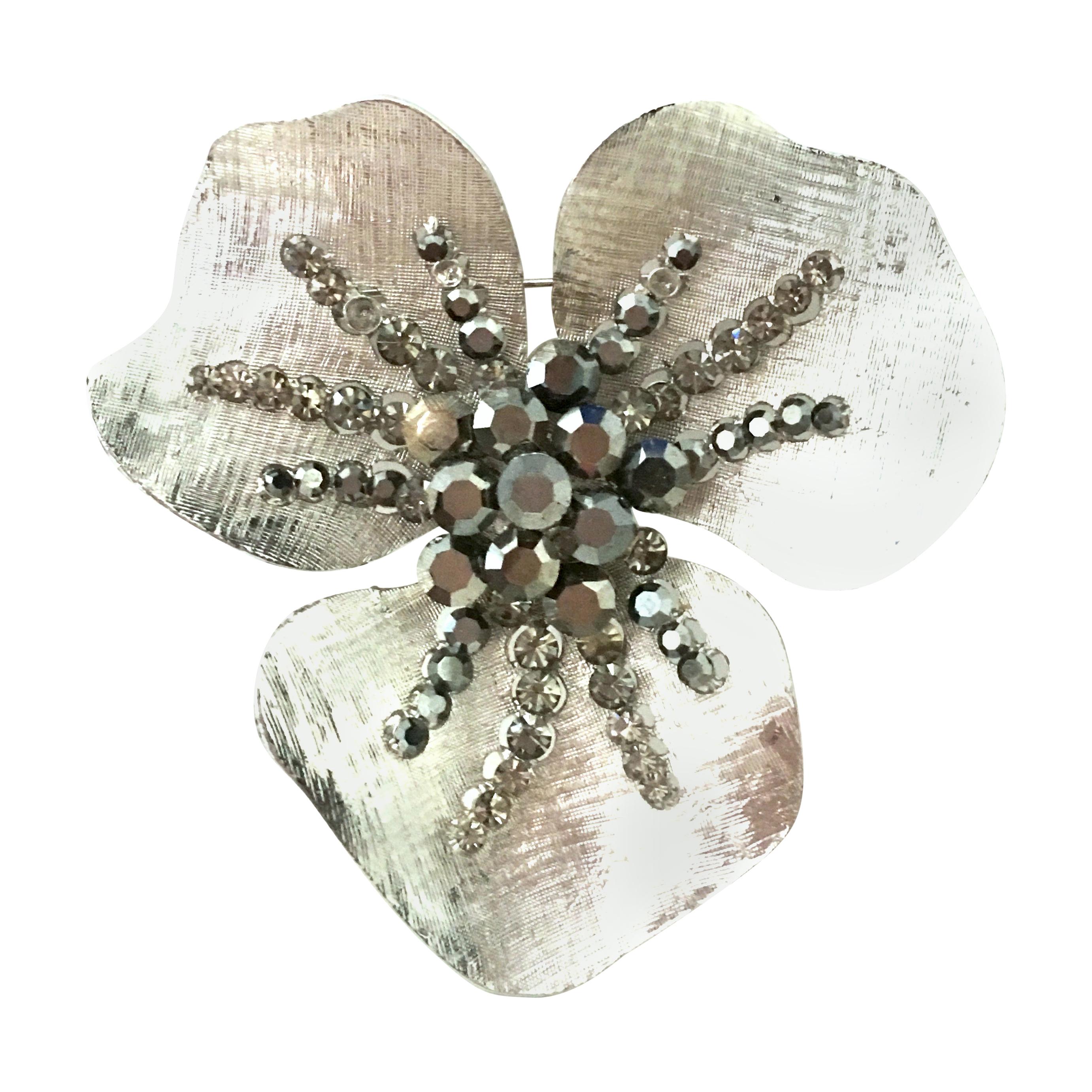 20th Century Monumental Silver & Austrian Crystal Dimensional Flower Brooch For Sale