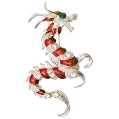 20th Century Monumental Silver, Enamel 
Austrian Crystal Dragon Brooch