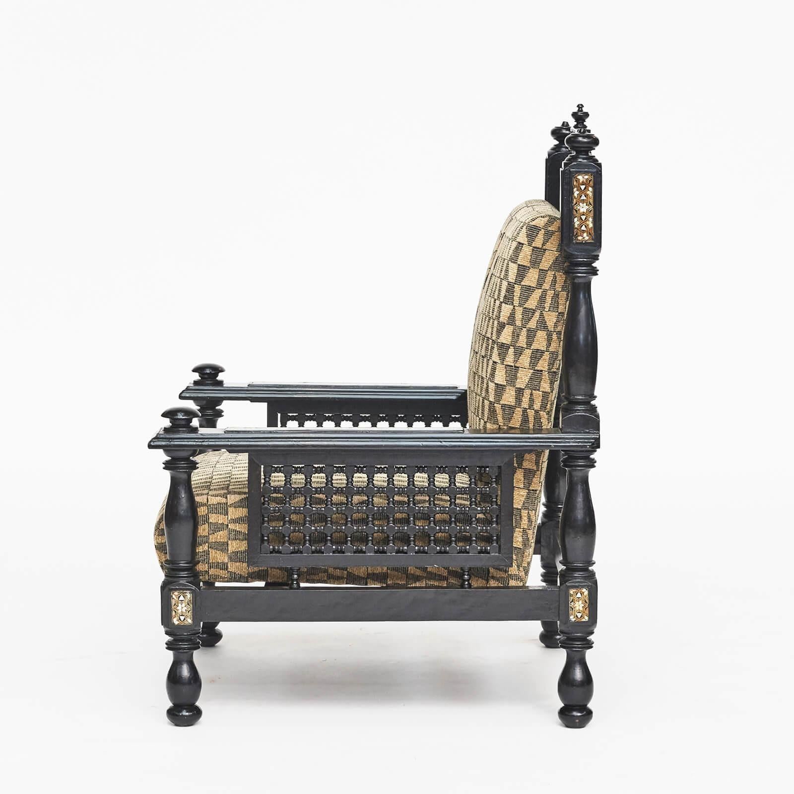 20thCtr. Moroccan Ebonized Armchair, with Mother of Pearl and Bone For Sale 3