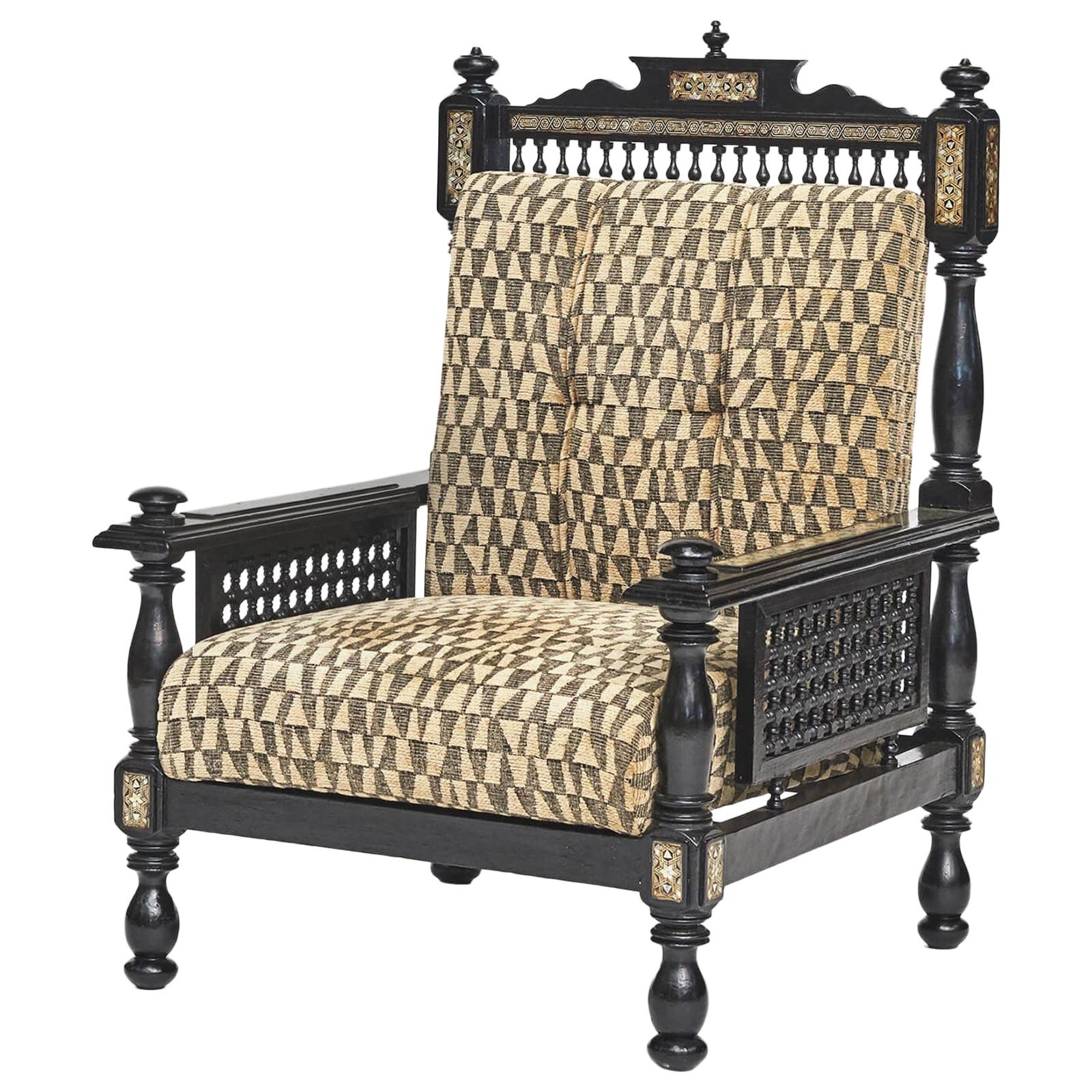 20thCtr. Moroccan Ebonized Armchair, with Mother of Pearl and Bone For Sale