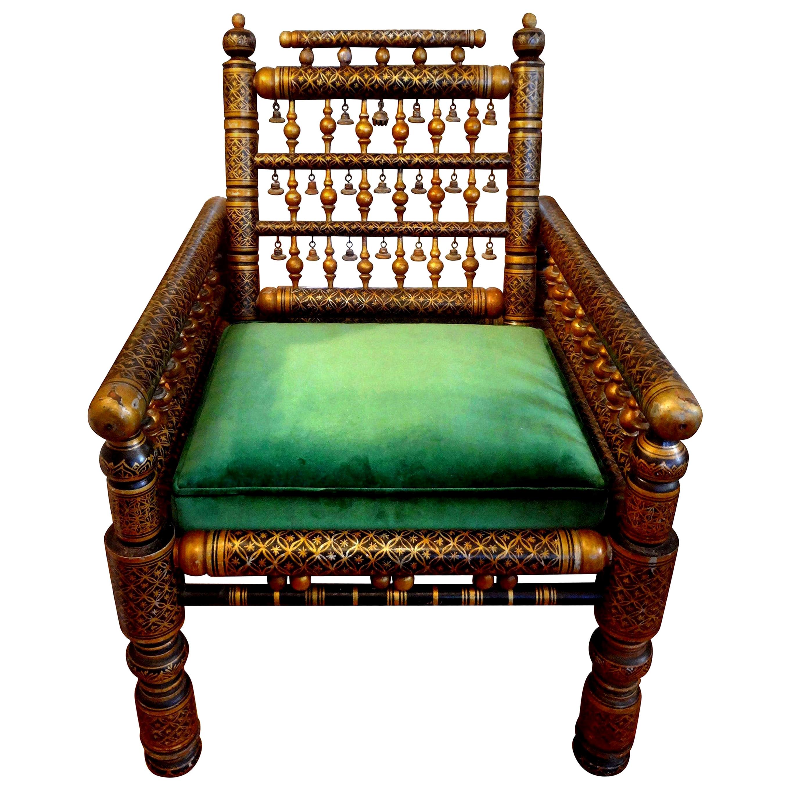 20th century Moroccan hand decorated chair.
Unusual 20th century Moroccan intricately decorated chair. Our Moroccan armchair has been professionally upholstered in deep emerald green velvet. This chair would make a great side chair, lounge chair or