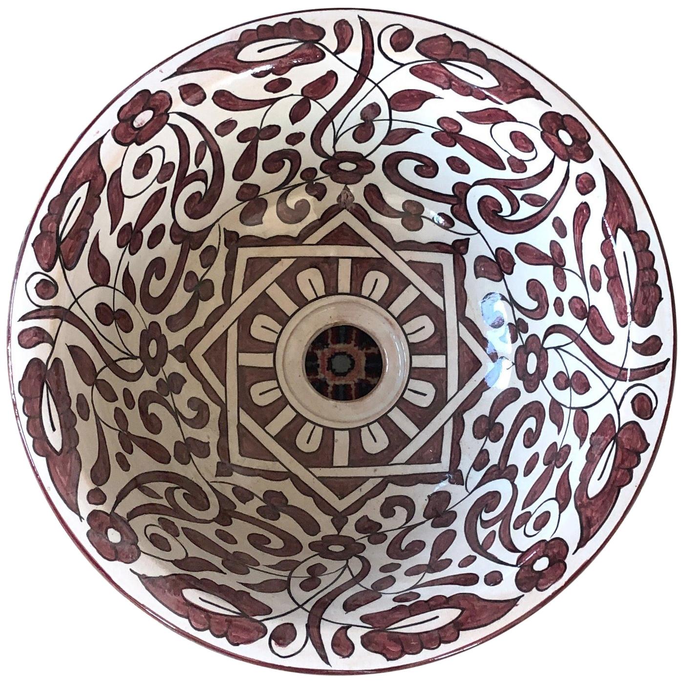 Marokkanischer handbemalter runder Keramikkrug des 20. Jahrhunderts in Rot und Beige