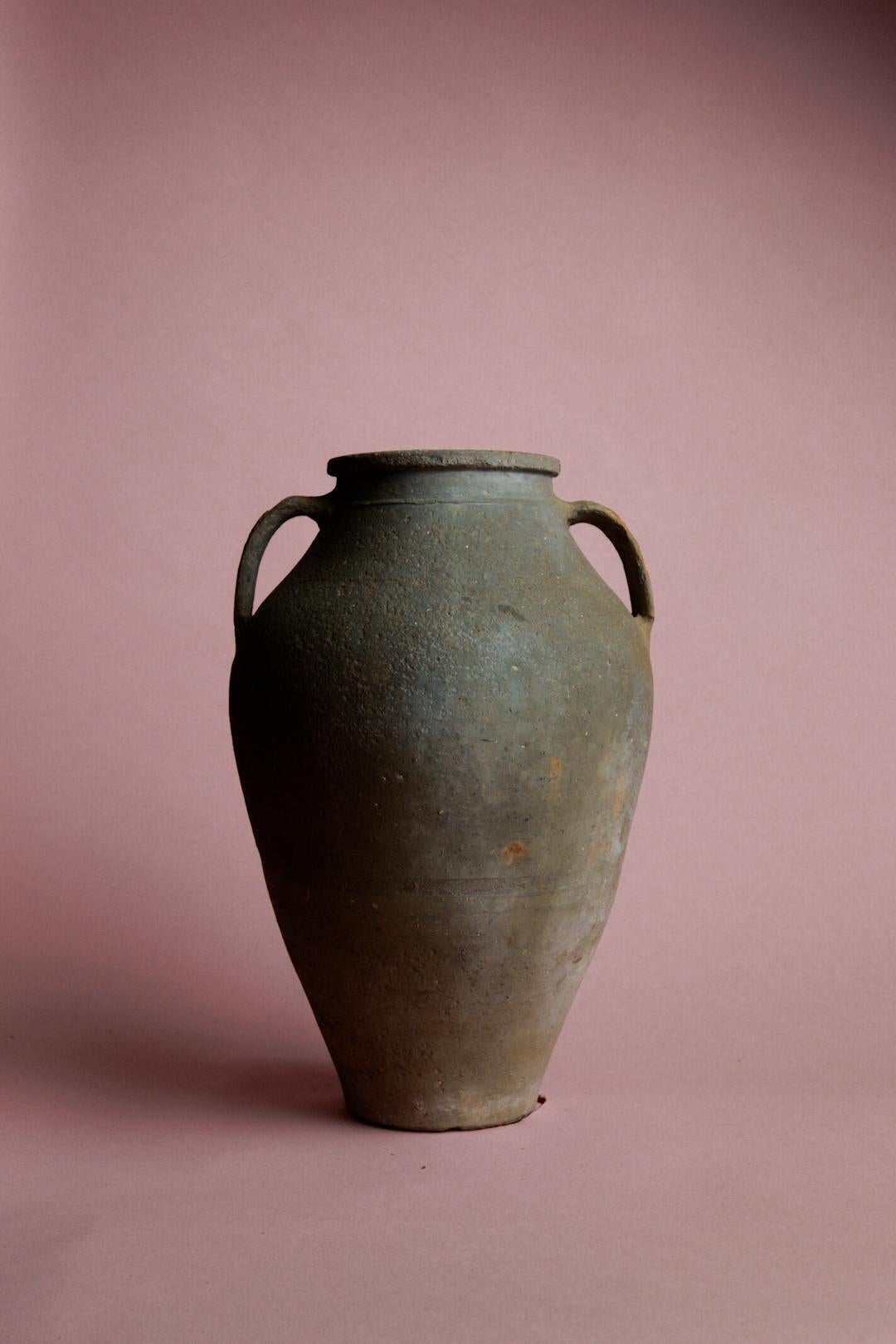 Rehaussez votre espace avec cette exquise jarre de stockage en terre cuite turque vert mousse, un objet intemporel provenant de l'Anatolie du XXe siècle, une région célèbre pour ses riches traditions de poterie et son savoir-faire artisanal. Conçue