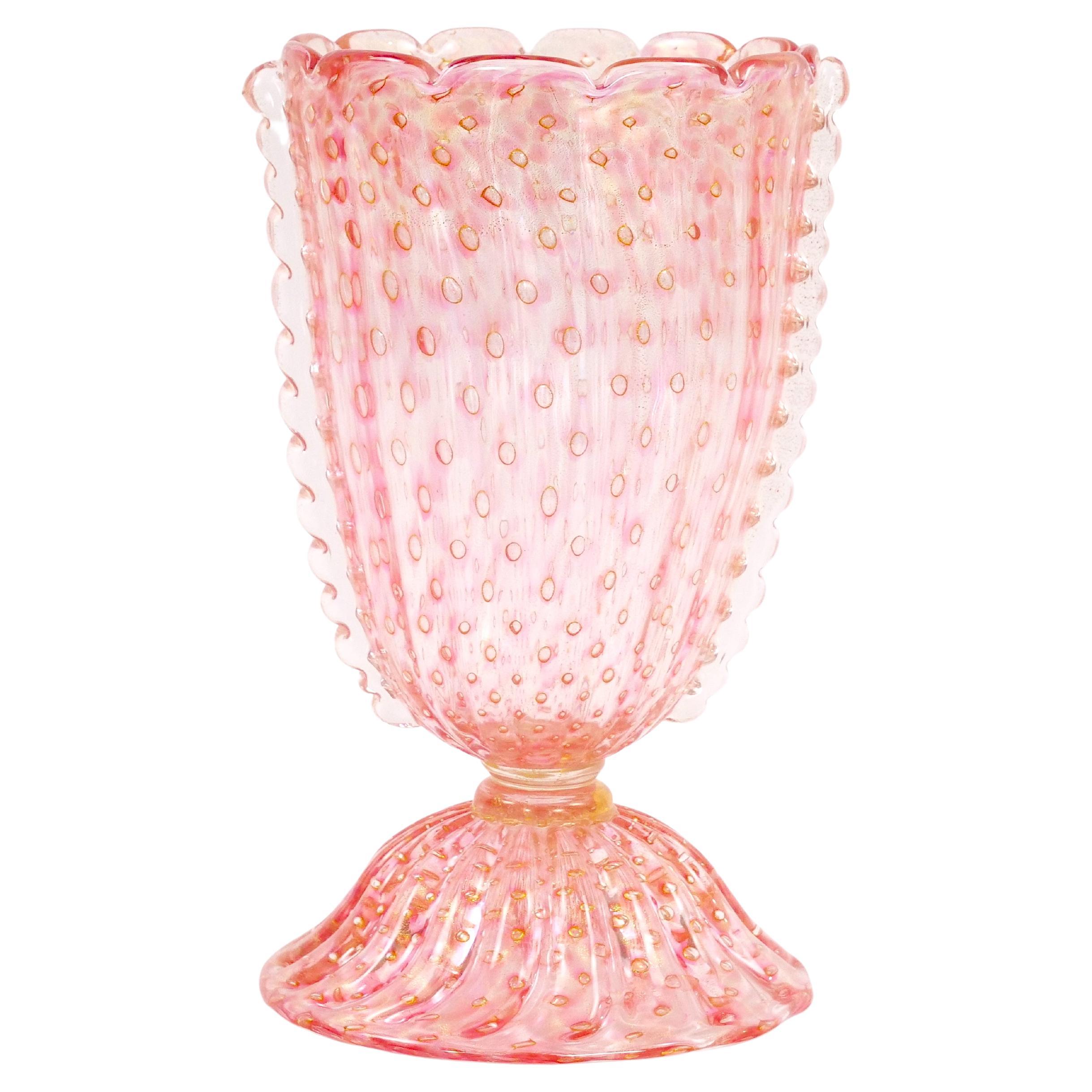 Vase centre de table en verre Bullicante / Rose infusé d'or du 20e siècle de Murano
