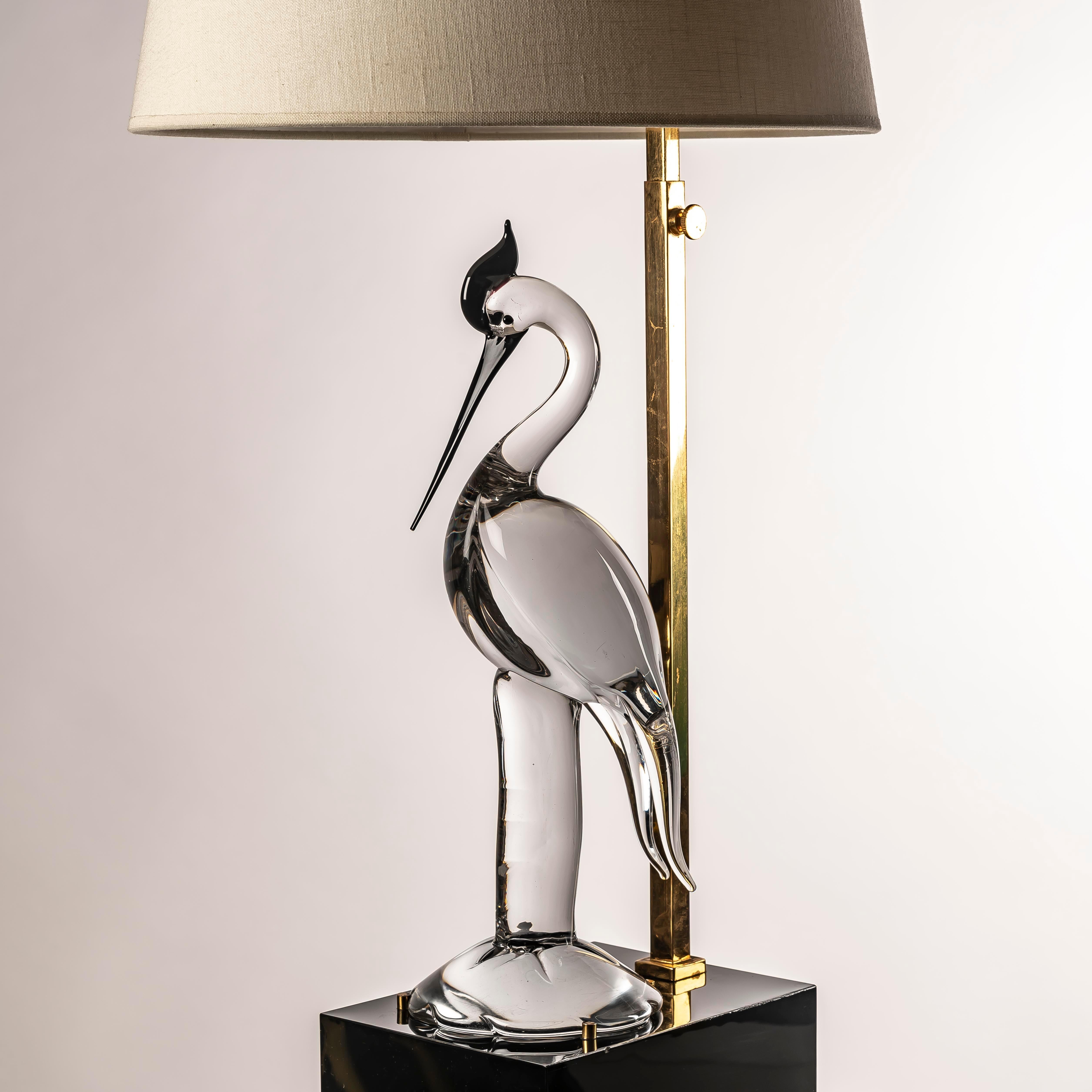 Lámpara de sobremesa Garza de cristal de Murano y latón, S. XX, Italia Años 70 3