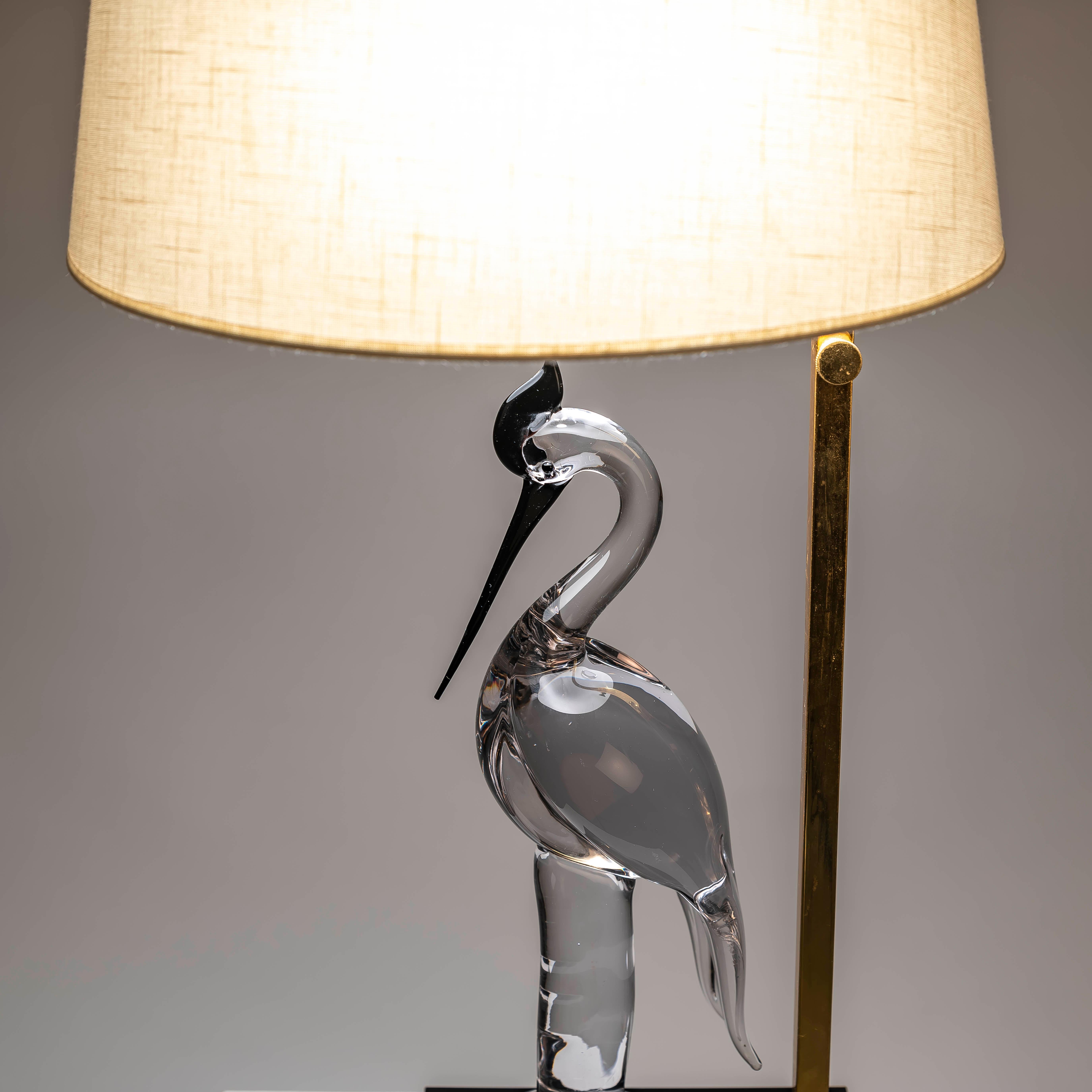 Mid-Century Modern 20e siècle Lampe de table Heron en verre de Murano et laiton, Italie 1970 en vente