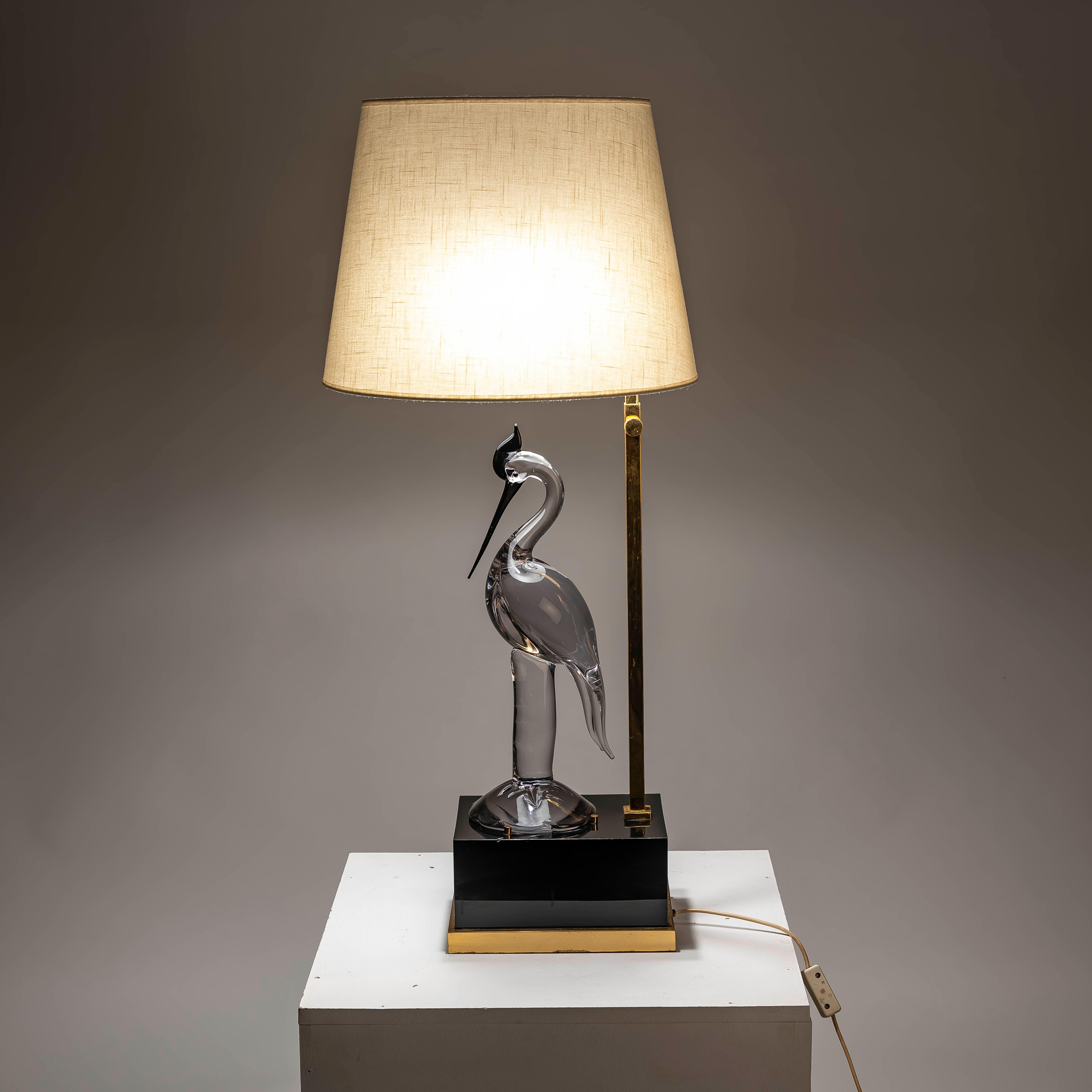 Lámpara de sobremesa Garza de cristal de Murano y latón, S. XX, Italia Años 70 en Bueno Estado en BARCELONA, ES