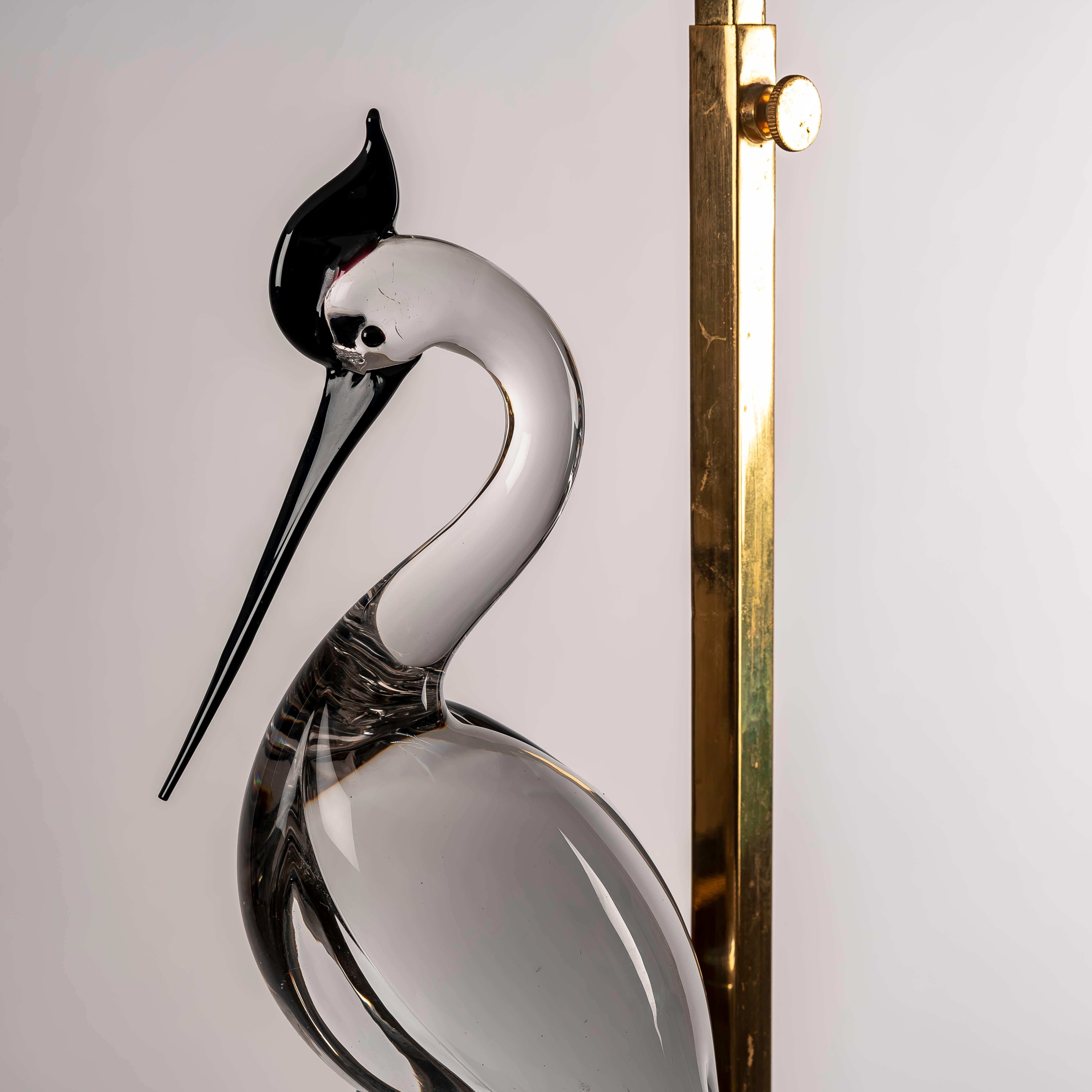 Lámpara de sobremesa Garza de cristal de Murano y latón, S. XX, Italia Años 70 finales del siglo XX