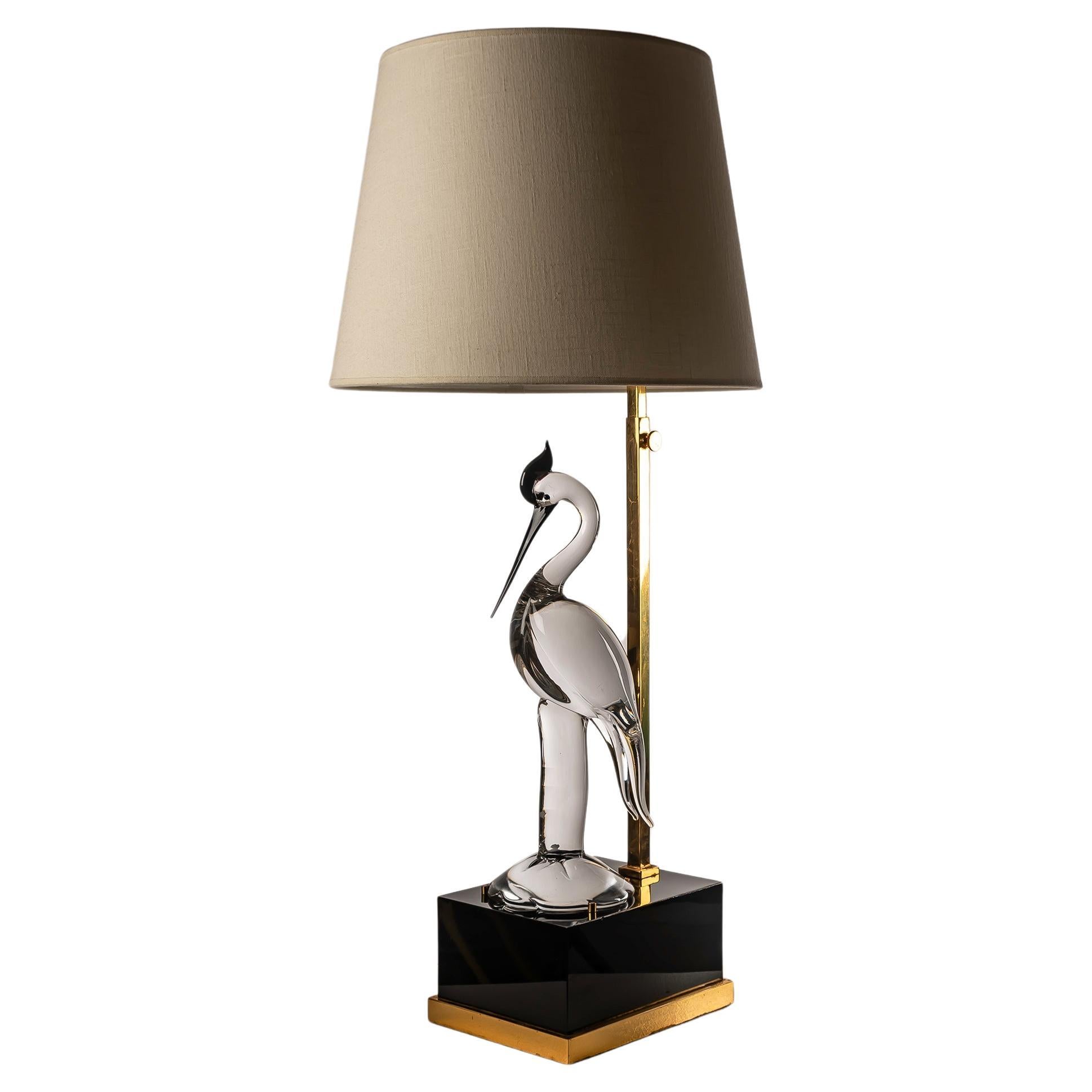 20th Century Murano glass and brass Heron table lamp, Italy 1970s For Sale