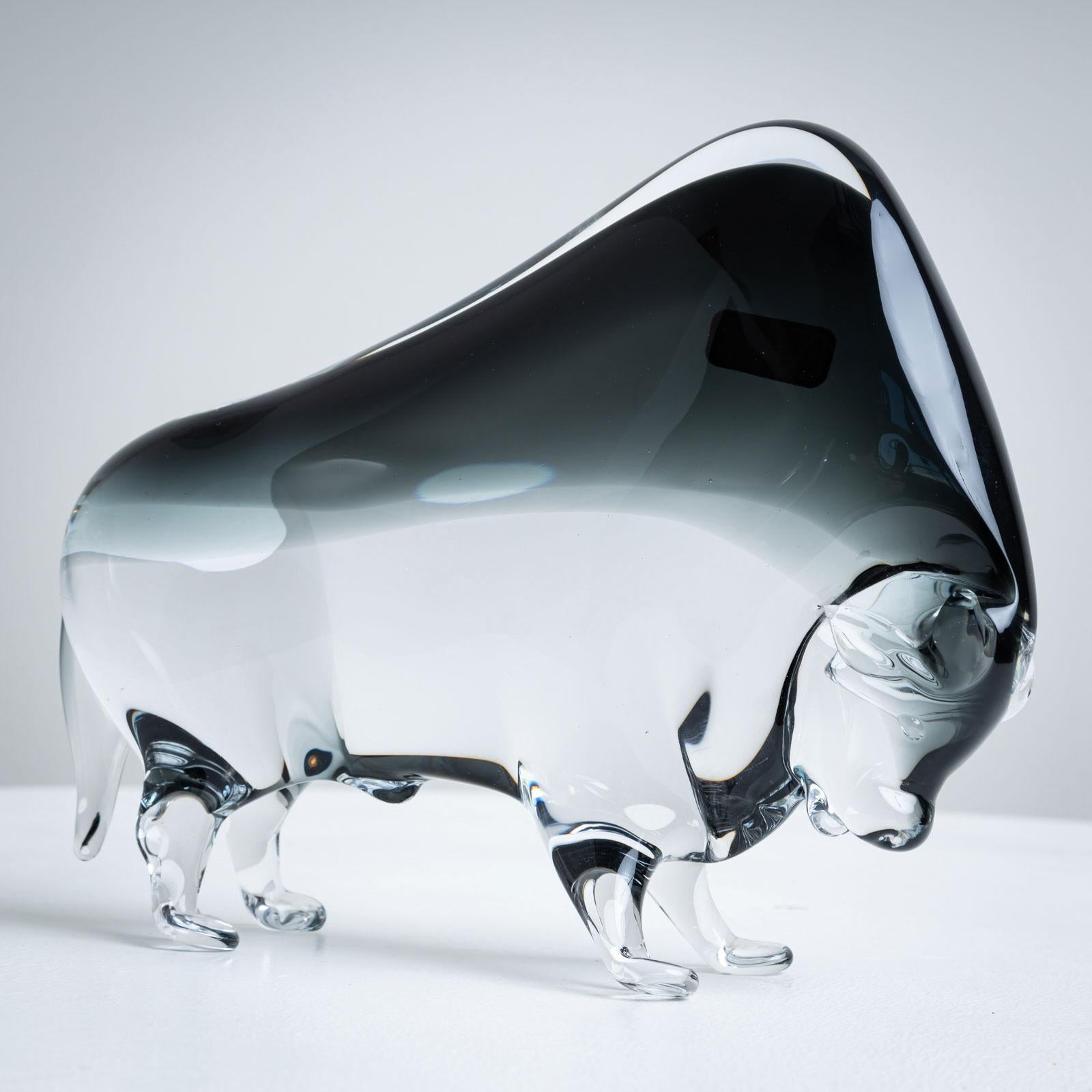 Smoked glass sculpture of a buffalo rearing. Label on the underside “V. Nason & C. Murano Italy”.