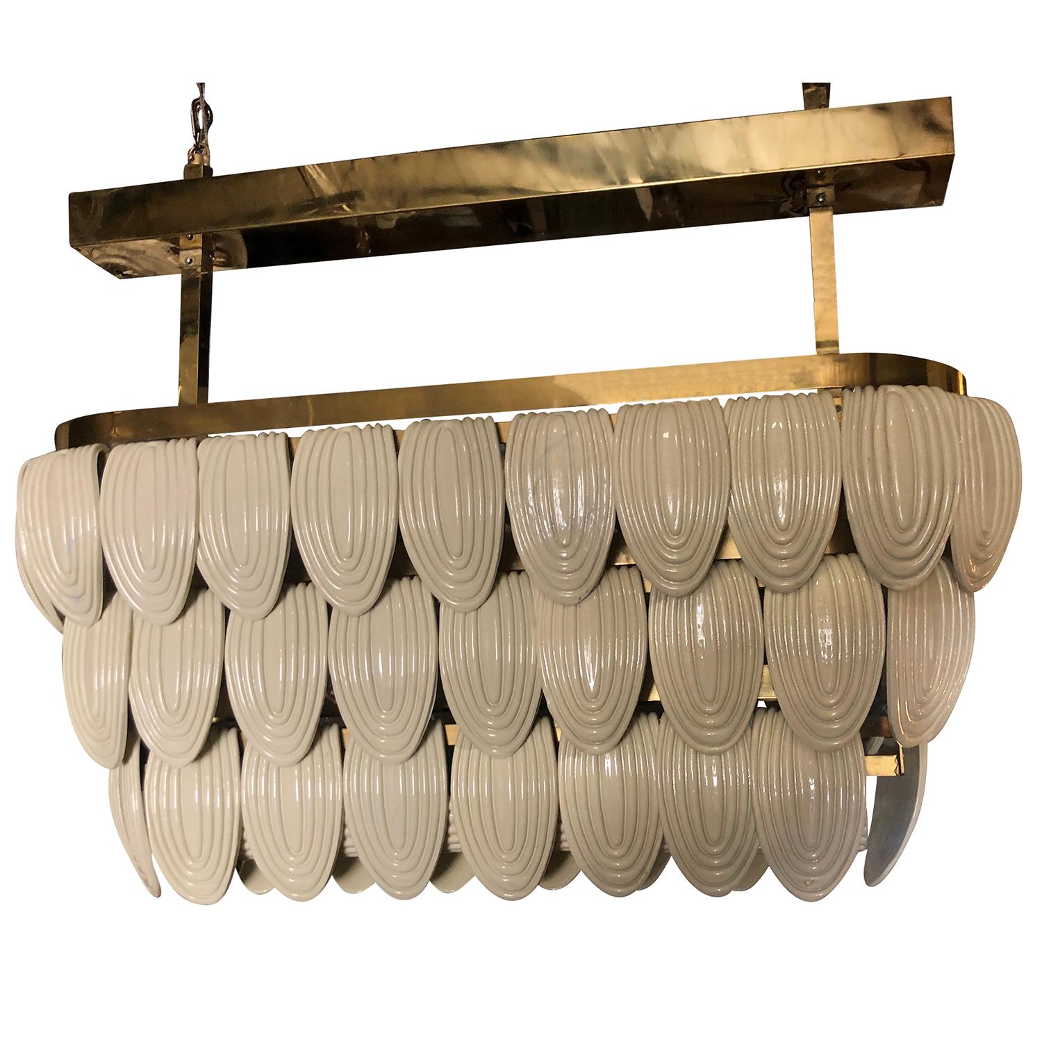 A unique vintage three-tier ceiling light fixture made out of a brass frame and frosted Murano glass, featuring fourteen light sockets, enhanced by very detailed decoration, created by the Italian designer Nardo, wear consistent with age and use,