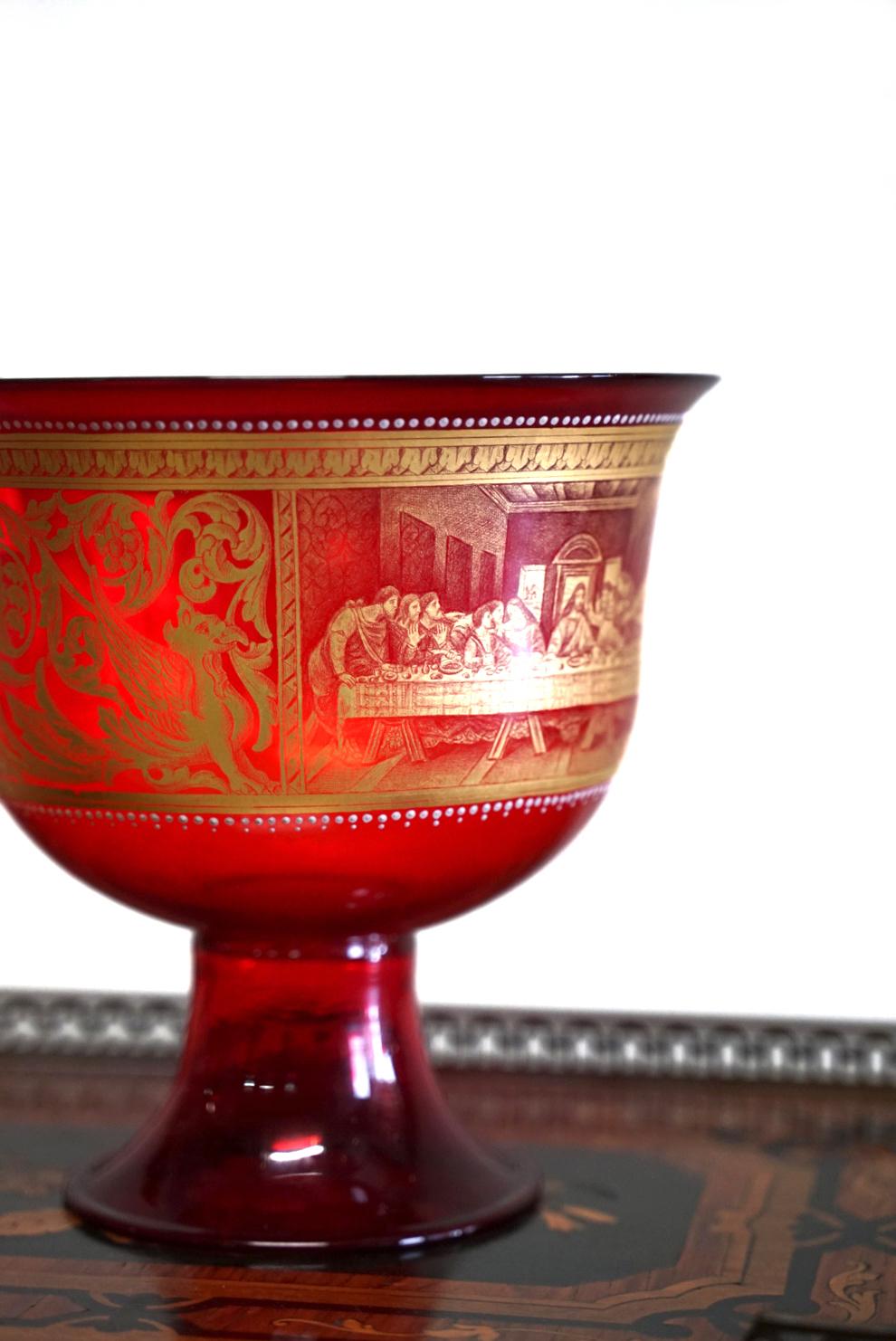 Art Nouveau 20th Century Murano Glass, Coupe De Mariage Red and Decorated, by Barovier