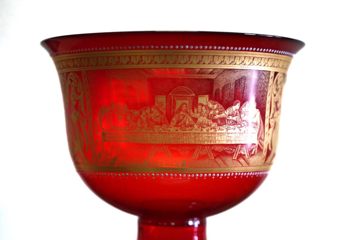 Italian 20th Century Murano Glass, Coupe De Mariage Red and Decorated, by Barovier