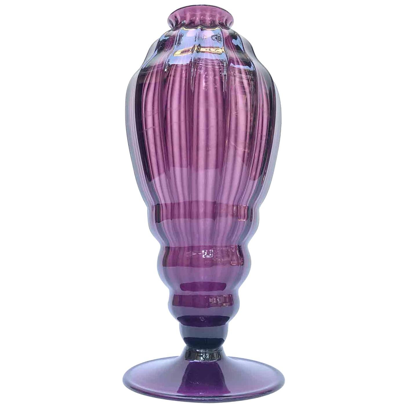 20th Century Murano Glass Vase Venetian Purple Ribbed Blown Glass