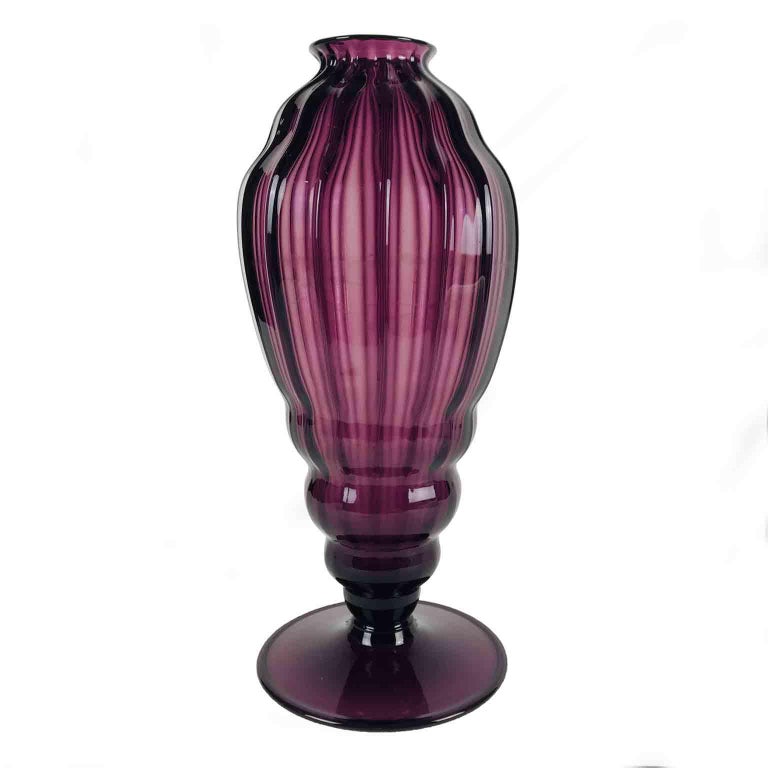 20th Century Murano Glass Vase Purple Ribbed Blown Glass For