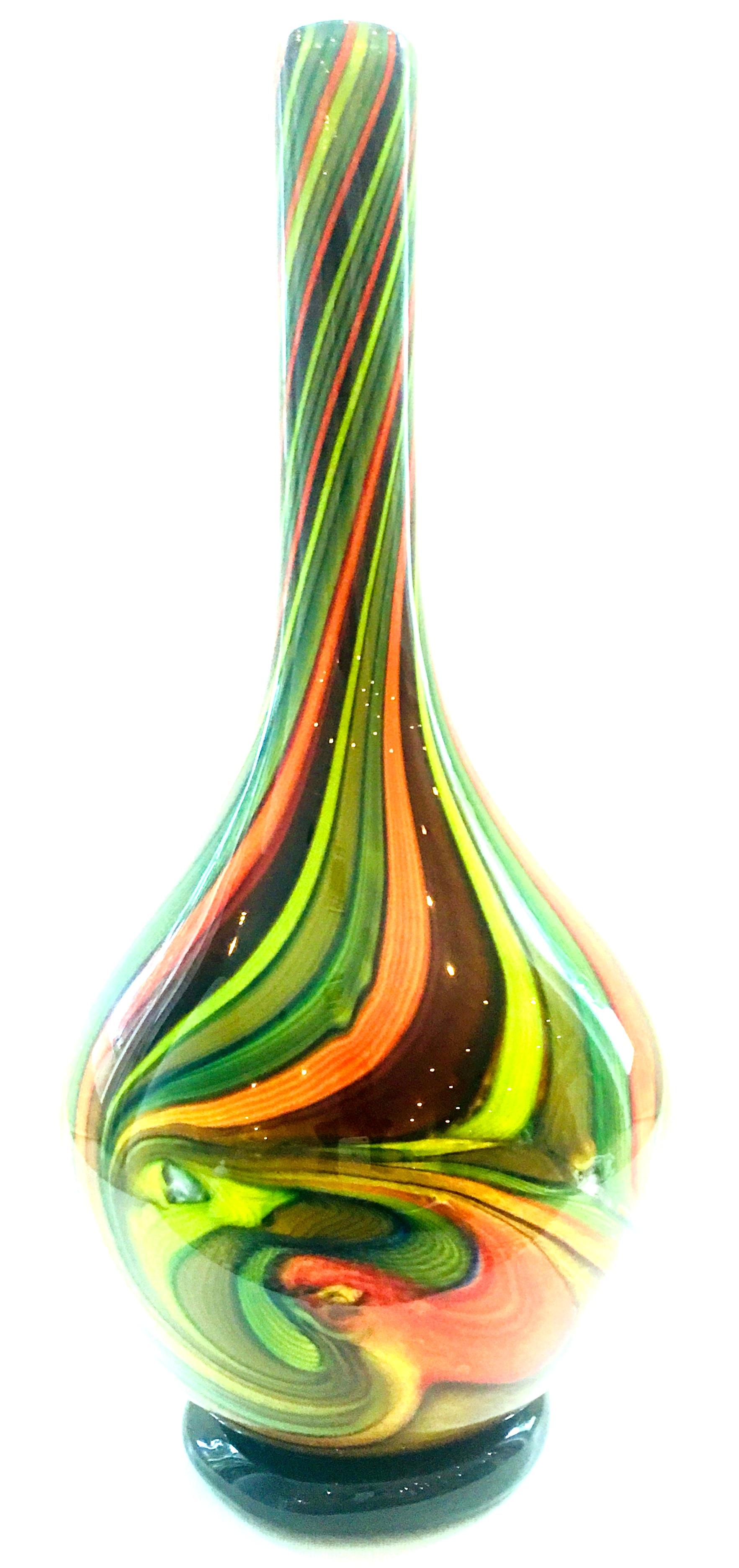 20th century blown glass cased art glass striped vase. One of a kind Murano style cased art glass vase. Features a stripe and swirl motif of vibrant greens, orange, brown, white and blue with black base.