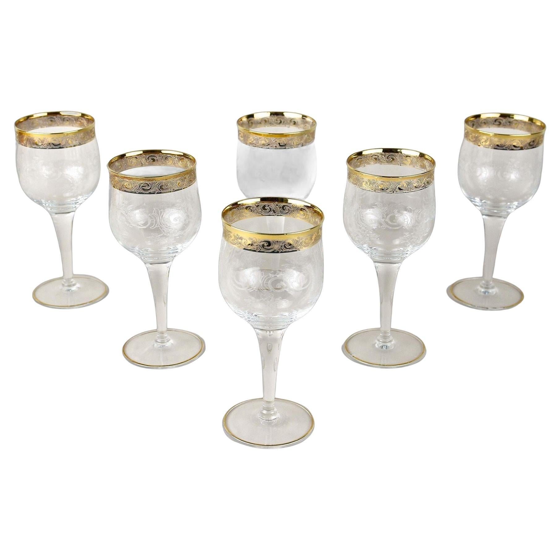 Bicchieri da vino di Murano del XX secolo con bordo dorato, set di 6, Italia 1940 ca.